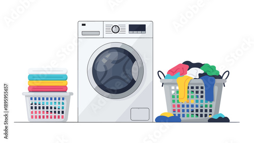Modern domestic laundry scene showing a front loading washing machine and two baskets filled with colorful clothes.