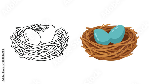 Dual depiction of a small birds nest showcasing both a black and white outline version and a colored illustration with two robin blue eggs resting securely inside