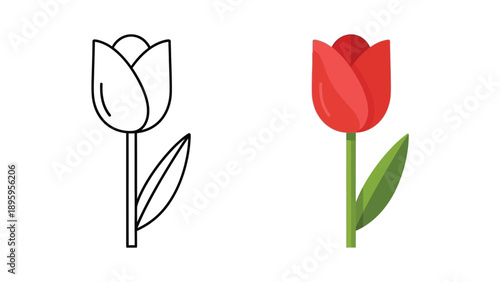 Comparing a simple line art outline drawing of a single red tulip bloom with its vibrant colored flat design counterpart illustrating contrast