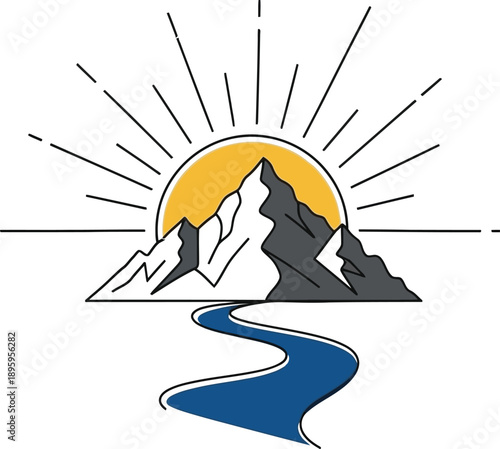 Minimalist line art illustration depicting a majestic mountain peak at sunrise above a winding river suggesting adventure and outdoor travel