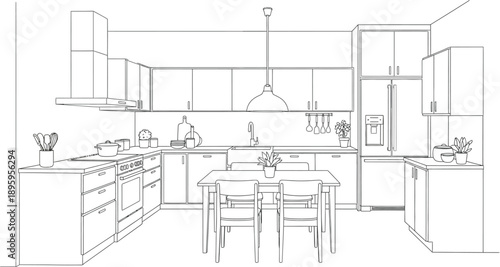 Detailed black and white line art illustration depicting a modern kitchen interior layout complete with appliances cabinetry and dining area
