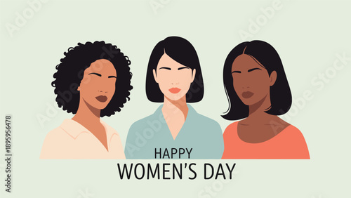 Empowering Happy Womens Day illustration featuring three diverse women of different ethnicities in profile view.