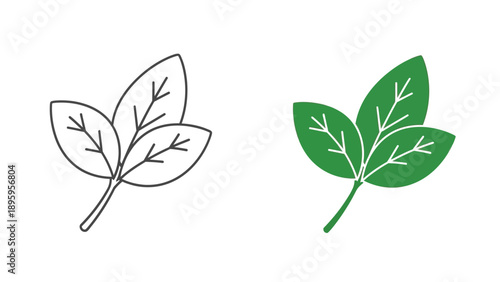 Simple line art and filled green icon representing a stylized sprig with three clover-like leaves demonstrating a before and after graphic design concept