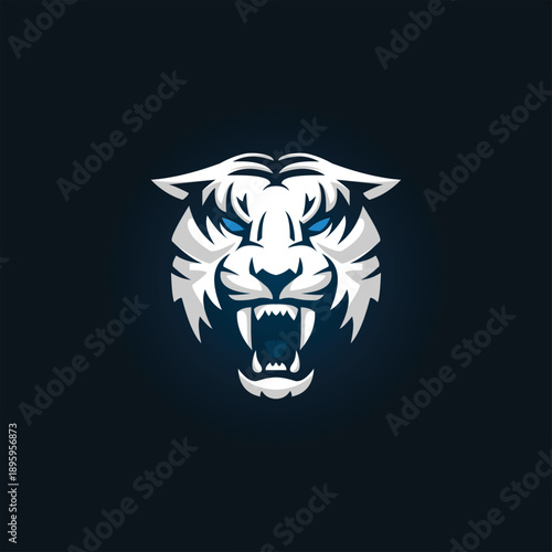 White tiger head logo design with fierce expression and blue eyes.