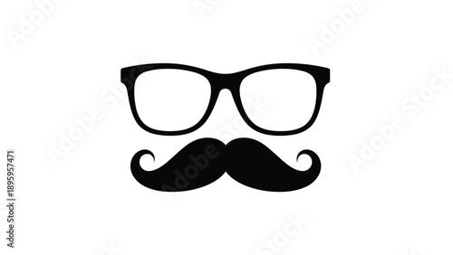 Simple black silhouette of glasses and a curly mustache representing a classic masculine disguise or gentleman style.