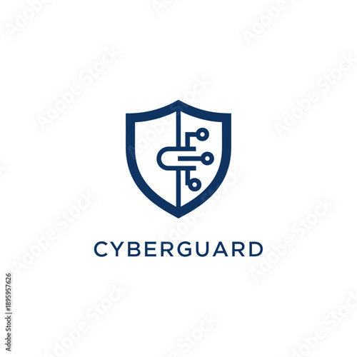 Modern shield with integrated circuit line icon for digital security and data protection software identity logo CYBERGUARD
