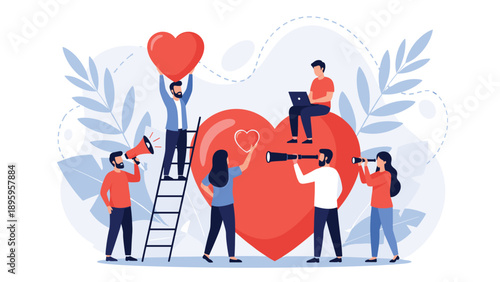 Conceptual illustration of people caring for and analyzing a large red heart representing healthcare, love, and emotional support.