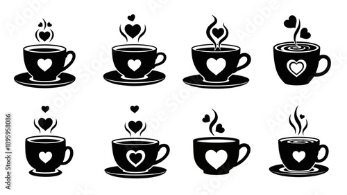 Romantic coffee cup collection with heart symbols and steam patterns for valentine day cafe branding silhouette vector icons on white background