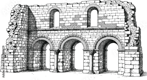 Ancient Roman stone building ruins with arches, historic architecture illustration, classical archaeological monument, detailed black white vector engraving style