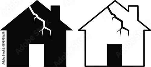 Cracked house silhouette icon set, damaged building symbol for earthquake, insurance, property risk concept vector illustration isolated