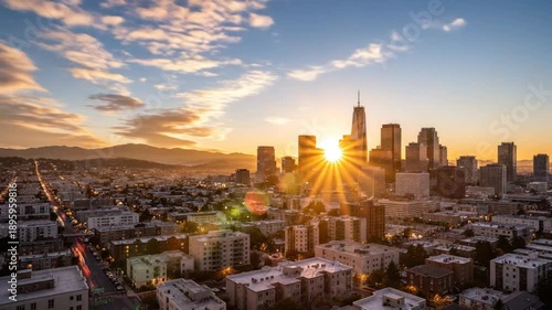 Time-lapse of downtown city skyline with illuminated buildings from dusk to bright sunrise and clear day in panoramic perspective