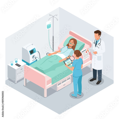 Female Doctor and Nurse with Patient Hospital.