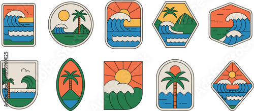 Tropical landscape icons, coastal scenery illustrations, sunset and ocean views, palm trees and waves, geometric frame vector set for travel design