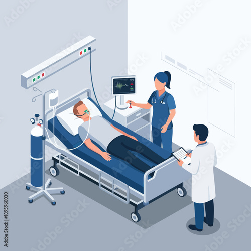 Medical Professionals Treating Patient in Hospital Bed.