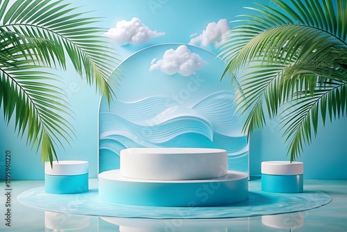 Serene tropical setting with modern white and blue podium