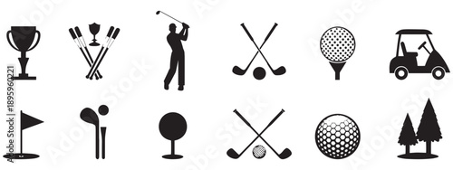 Golf Icons Vector Set – Golf Ball, Club, Cart, Trophy, and Flag Design Free SVG PNG .