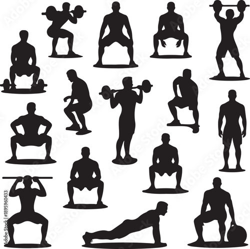 black silhouettes of men exercising with dumbbells and weights  various fitness poses