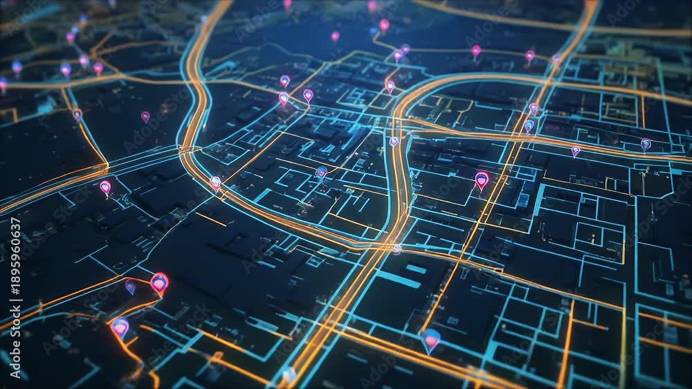 A glowing, digital map of a city with illuminated roads and highlighted ...
