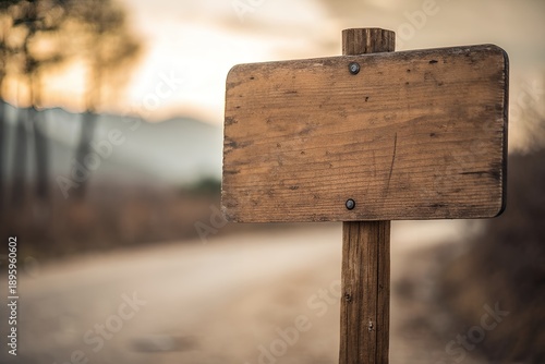 Wooden sign on a scenic road with mountains and trees in the background