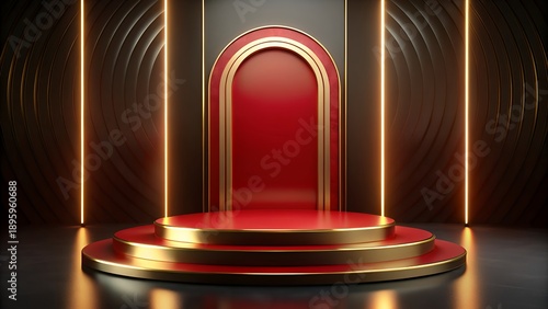 Luxurious red and gold podium with archway in modern dark room
