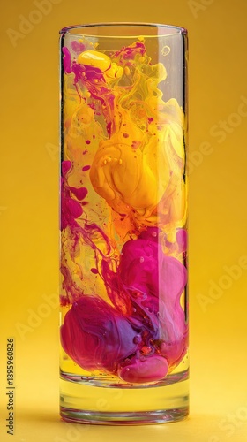 Abstract ink swirling in water inside a clear glass, vivid yellow and magenta paint clouds mixing, colorful liquid motion art on a bright background
