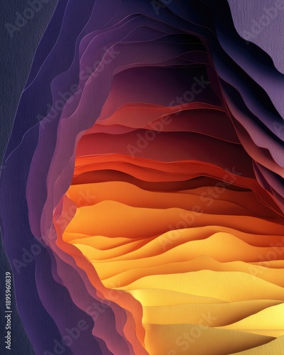 Abstract layered paper-cut canyon in warm orange and purple tones, 3D topographic landscape background with smooth gradients and depth.