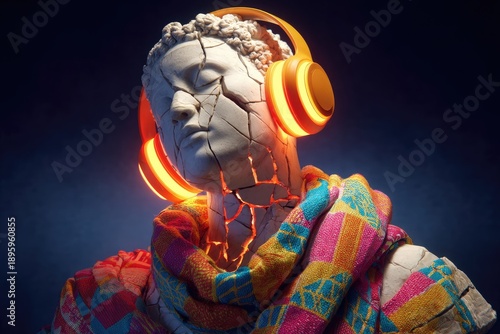 Cracked classical statue wearing glowing orange headphones and a colorful scarf, surreal modern music concept mixing ancient art and contemporary culture