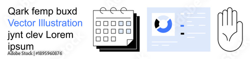 Business planning, data visualization, time management, communication, decision-making, teamwork. Calendar, dashboard analytics and an open hand icon. Business planning and data visualization