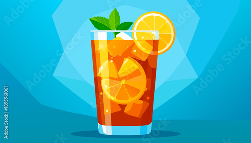 Refreshing Iced Tea with Lemon and Mint on Geometric Blue