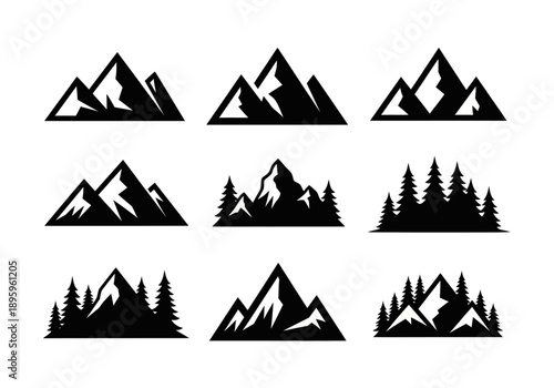 Collection of Mountain and Tree Silhouettes against a White Background