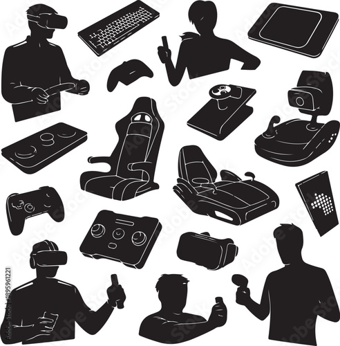 Black silhouettes of people and gaming devices on white background
