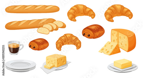 Assortment of freshly baked bread, croissants, and cheese on plates, accompanied by a cup of coffee, displayed on a clean surface from a direct overhead view.