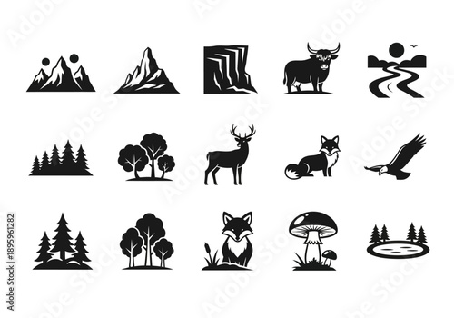 Collection of simple black silhouettes depicting various wildlife and natural elements against a white background