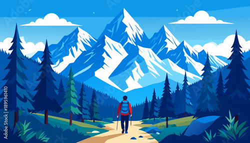 Mountain Adventure: Hiker Explores Majestic Snowy Peaks and Forest Trails