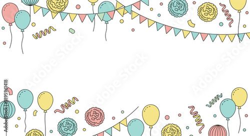 Horizontal party banner frame with pastel balloons bunting flags and hand drawn doodles on white background with copy space for birthday celebration text.
