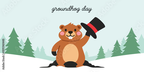 Happy Groundhog Day Banner: Cute Cartoon Woodchuck Tipping Top Hat in Snow
