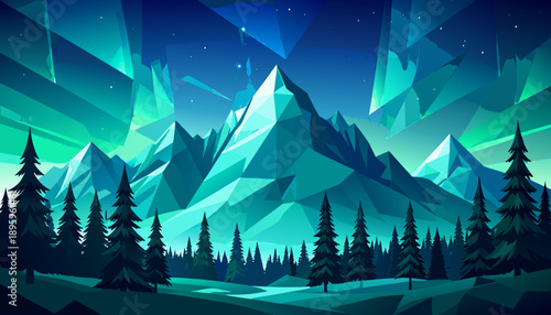 Polygonal Aurora Mountain Landscape: Arctic Night Sky & Pine Forest