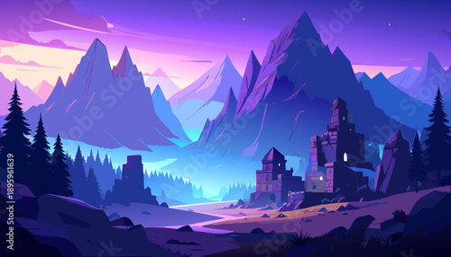 A vibrant fantasy landscape with towering purple mountains and ancient castles under a twilight sky.