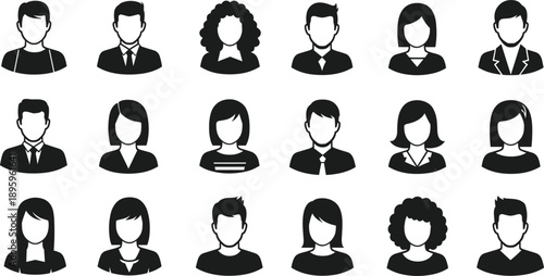 Diverse Group of Business People Icons Representing Men and Women in Various Styles Keywords: people icons, business icons, male icons, female icons, avatar icons, user