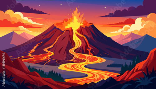 Vibrant illustration of an erupting volcano with fiery lava flowing into a river at sunset, surrounded by mountains and stylized forests.