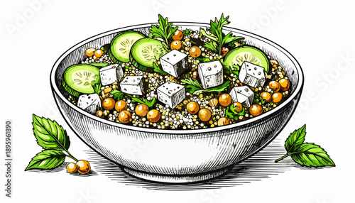 A hand-drawn illustration of a healthy quinoa salad with chickpeas, cucumber, and feta cheese in a white bowl.