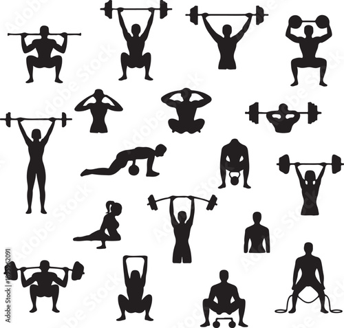 black silhouettes of people doing various exercises with weights  lifting and stretching