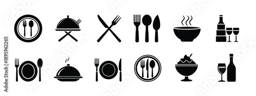 Restaurant and food silhouette icon set, dinner plate with cutlery symbol, catering service tray and kitchen utensil graphic, cafe dining and dessert, and more vector illustration with editable stroke