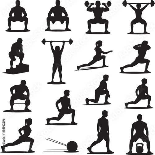 black silhouettes of people doing various exercises with weights and balls