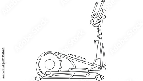 Minimalist continuous line drawing art illustrating a modern elliptical machine design perfect for fitness equipment concepts and gym imagery