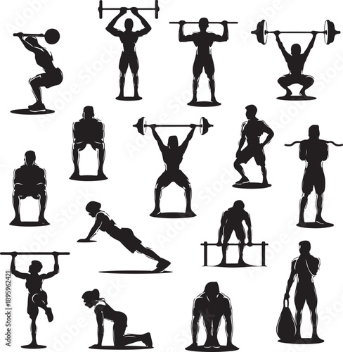black silhouettes of people doing various exercises with weights