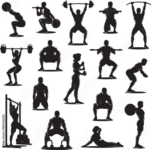 Black silhouettes of people doing various exercises with weights