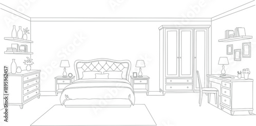 Detailed black and white line art illustration depicts a fully furnished primary bedroom interior featuring a large bed and ample storage solutions