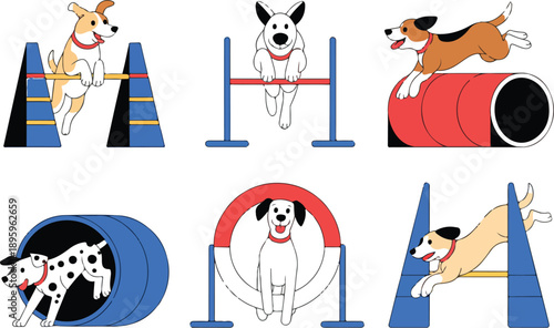 Dog Agility Training Flat Vector Set  Jumps, Tunnels, and Hoops