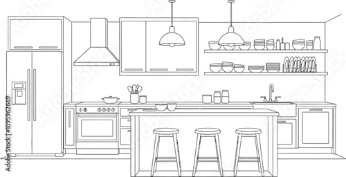 Detailed black and white line art illustration depicts a modern kitchen interior featuring essential appliances cabinetry island seating and open shelving for dish storage